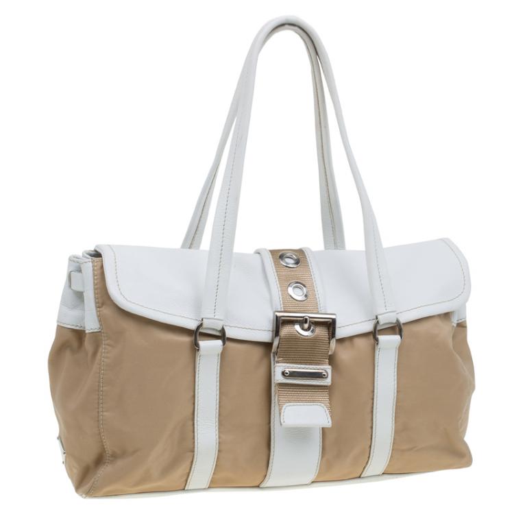 Pre Owned Prada Beige/White Nylon and Leather Satchel