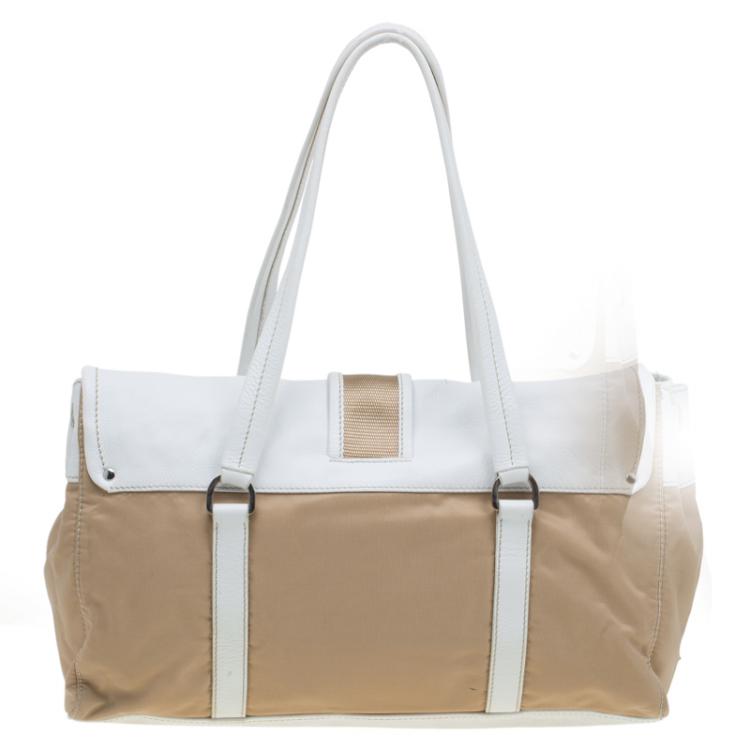 Pre Owned Prada Beige/White Nylon and Leather Satchel