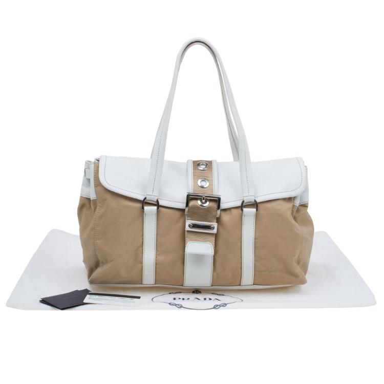 Pre Owned Prada Beige/White Nylon and Leather Satchel
