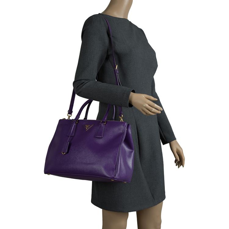 Prada Front Pocket Double Zip Saffiano Leather Tote Shoulder Bag Light Purple