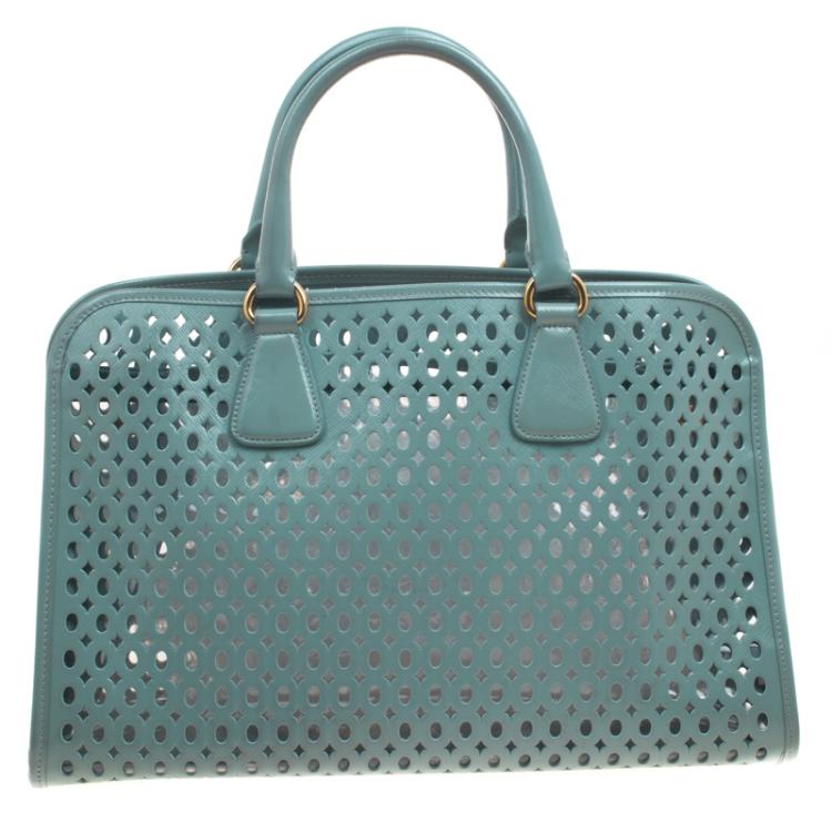 Pre Owned Prada Reef Green Perforated Saffiano Fori Leather Satchel