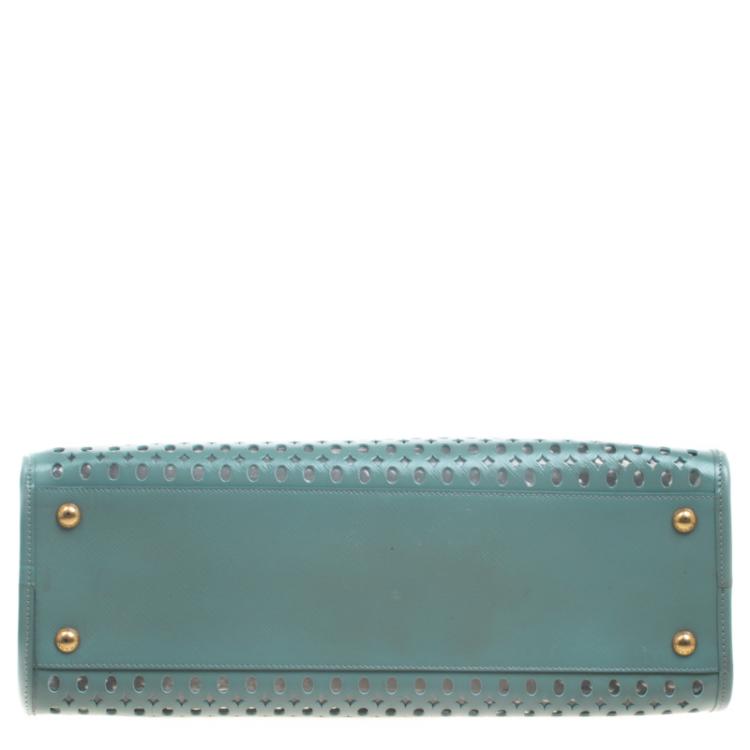 Pre Owned Prada Reef Green Perforated Saffiano Fori Leather Satchel