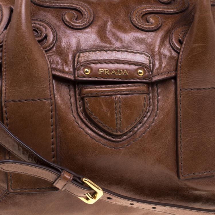 Pre Owned Prada Brown Glazed Leather Top Handle Bag