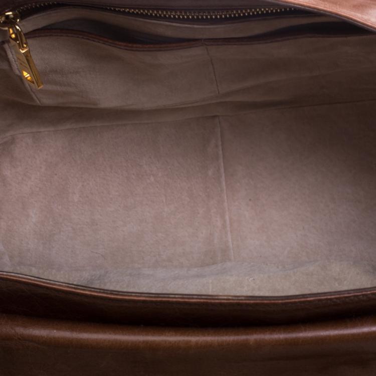 Pre Owned Prada Brown Glazed Leather Top Handle Bag