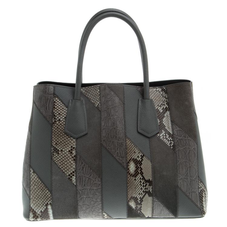 Pre Owned Prada Grey Exotic Skin and Leather Patchwork Double Handle Tote