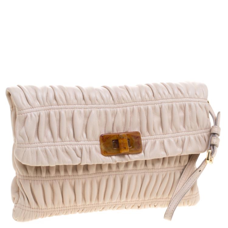 Pre Owned Prada Beige Leather Gaufre Wristlet Clutch