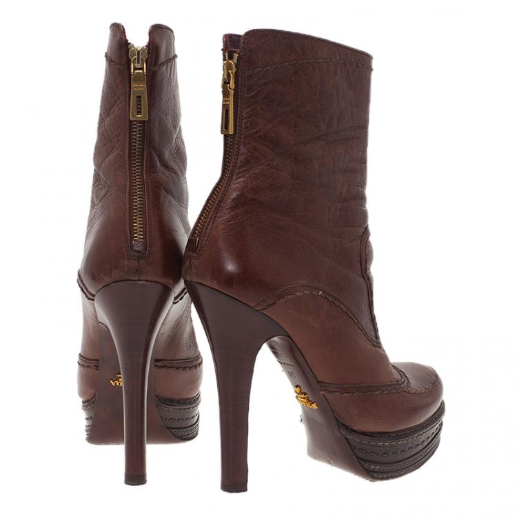 Pre Owned Prada Brown Leather Platform Ankle Boots Size 38