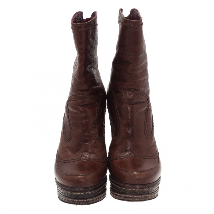 Pre Owned Prada Brown Leather Platform Ankle Boots Size 38
