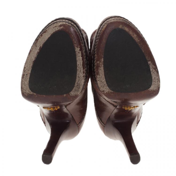 Pre Owned Prada Brown Leather Platform Ankle Boots Size 38