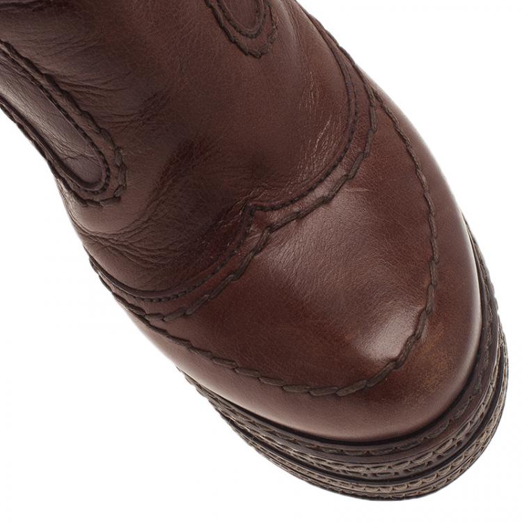 Pre Owned Prada Brown Leather Platform Ankle Boots Size 38