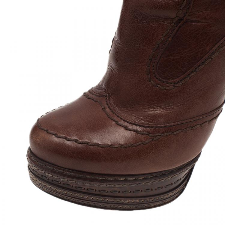 Pre Owned Prada Brown Leather Platform Ankle Boots Size 38