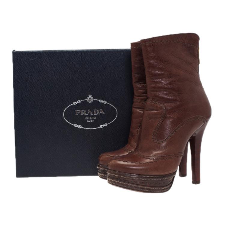Pre Owned Prada Brown Leather Platform Ankle Boots Size 38