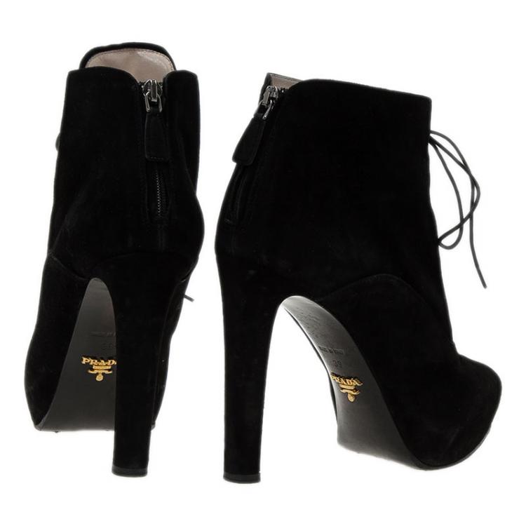 Pre Owned Prada Black Suede Lace Up Pointed Toe Ankle Boots Size 39 