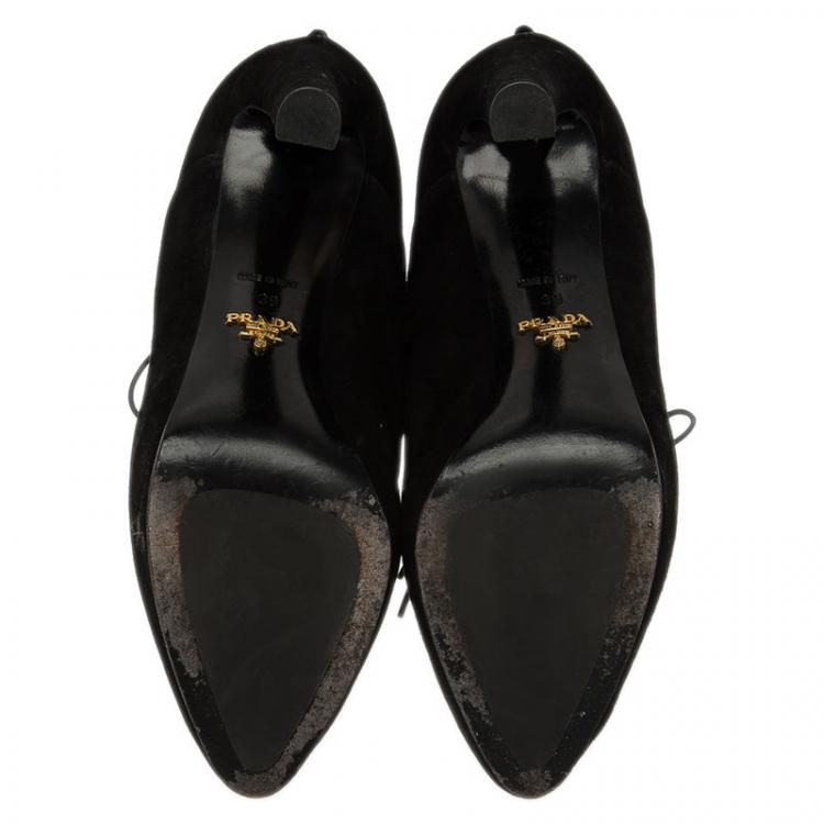 Pre Owned Prada Black Suede Lace Up Pointed Toe Ankle Boots Size 39 