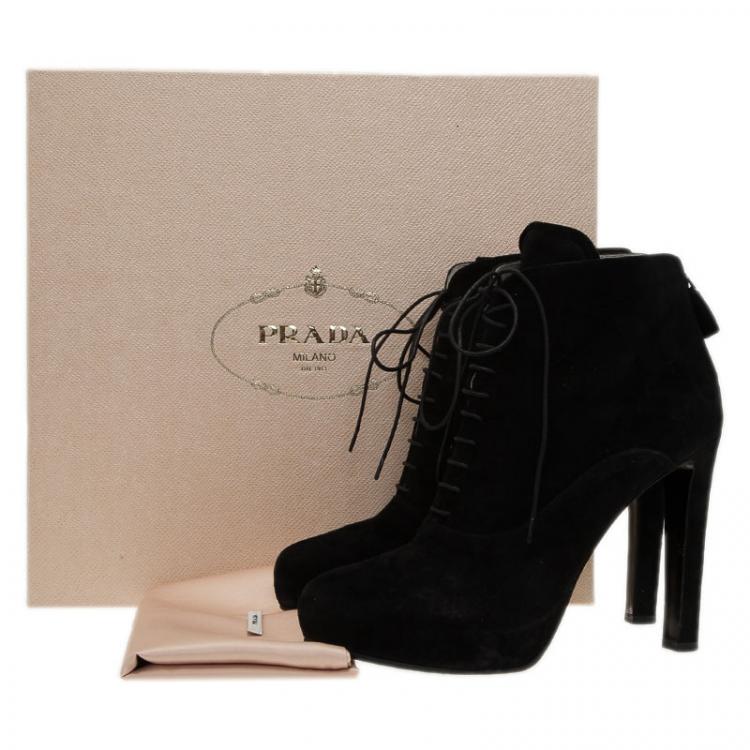 Pre Owned Prada Black Suede Lace Up Pointed Toe Ankle Boots Size 39 
