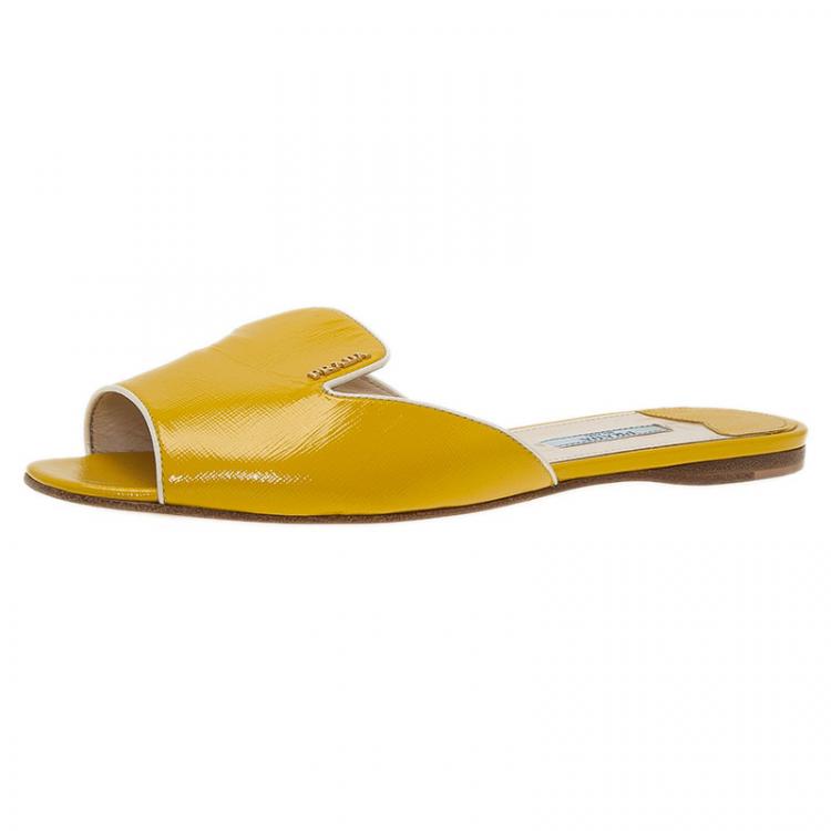 Prada Yellow Saffiano Leather Flat Slides Size 39 Prada | TLC