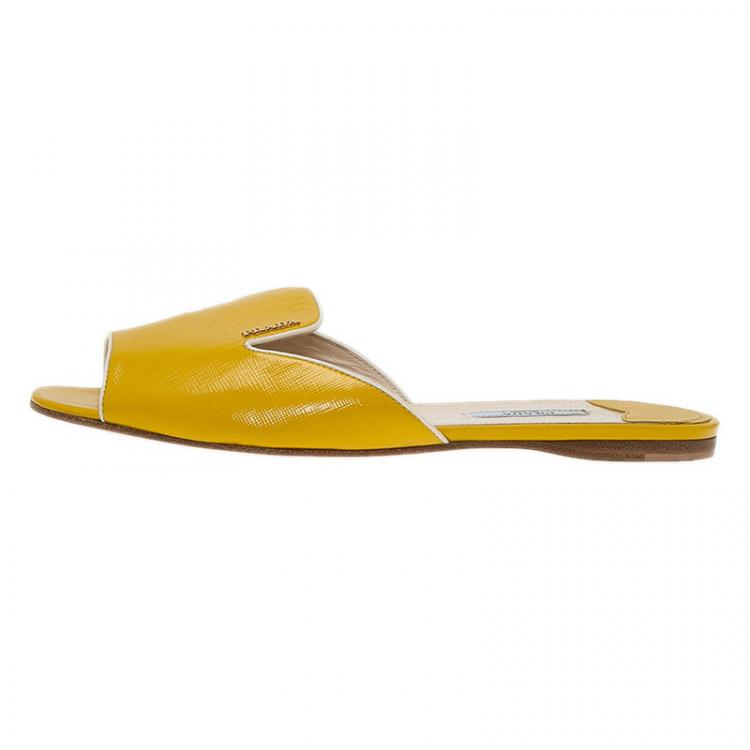Prada Yellow Saffiano Leather Flat Slides Size 39 Prada | TLC