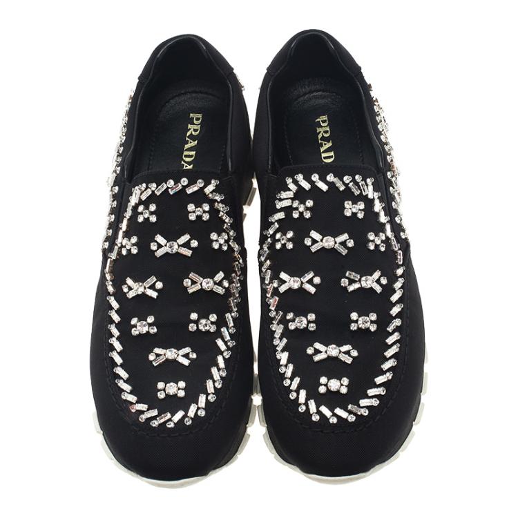 Pre Owned Prada Black Canvas Jeweled Slip on Sneakers Size 40