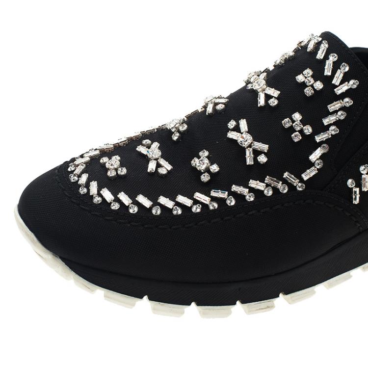 Pre Owned Prada Black Canvas Jeweled Slip on Sneakers Size 40