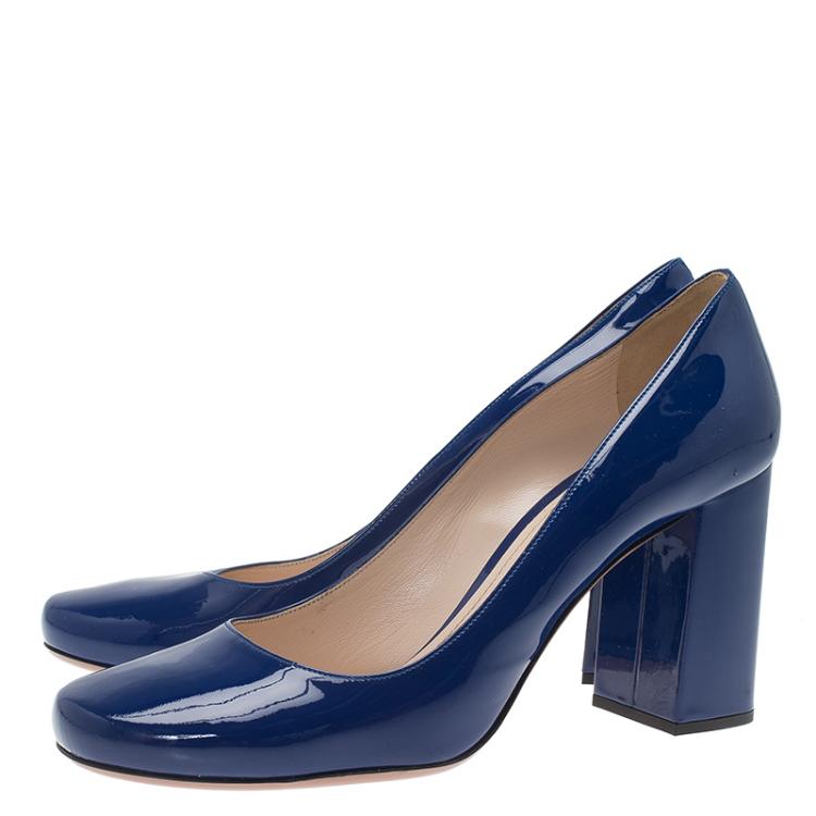 navy patent block heel court shoes