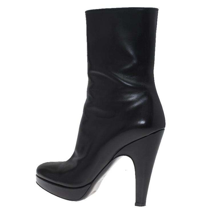 Pre Owned Prada Black Leather Platform Ankle Boots Size 35.5