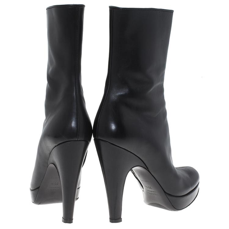 Pre Owned Prada Black Leather Platform Ankle Boots Size 35.5