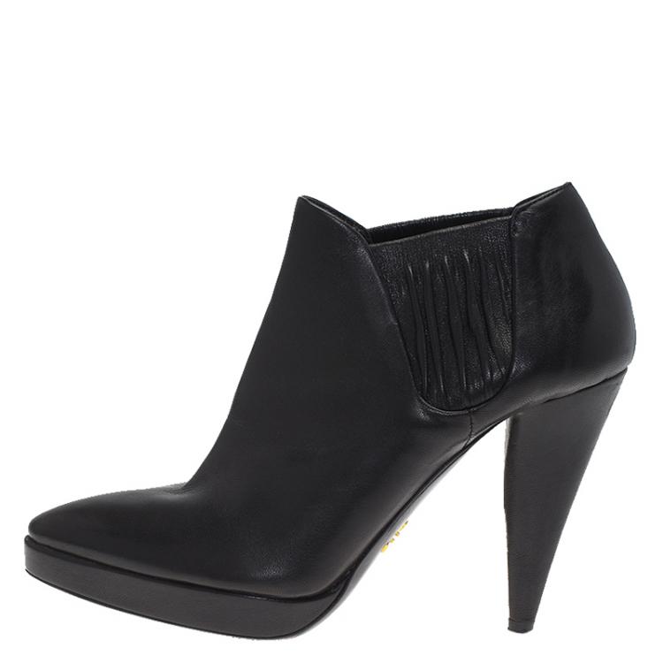 Pre Owned Prada Black Shirred Leather Platform Ankle Boots Size 36.5