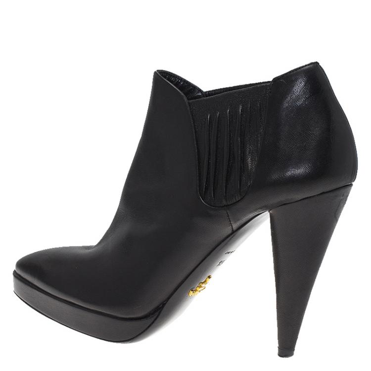 Pre Owned Prada Black Shirred Leather Platform Ankle Boots Size 36.5