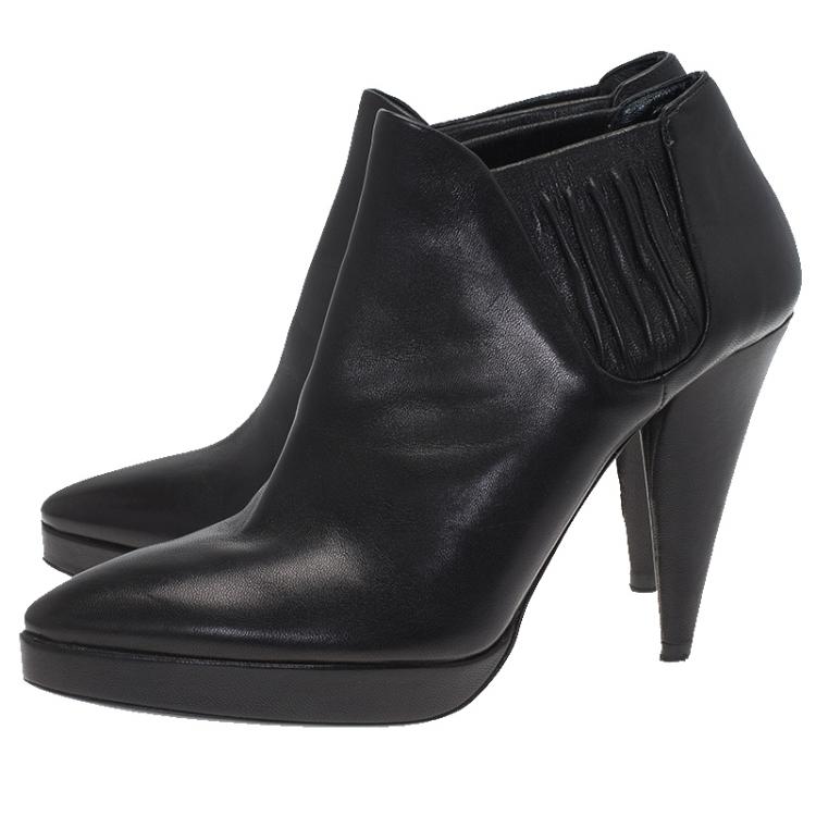 Pre Owned Prada Black Shirred Leather Platform Ankle Boots Size 36.5