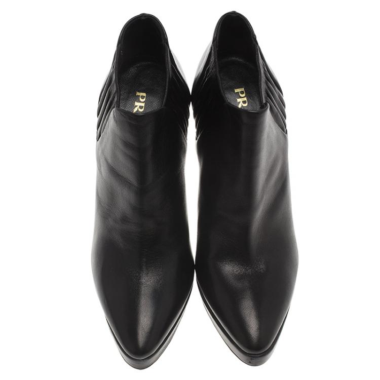 Pre Owned Prada Black Shirred Leather Platform Ankle Boots Size 36.5