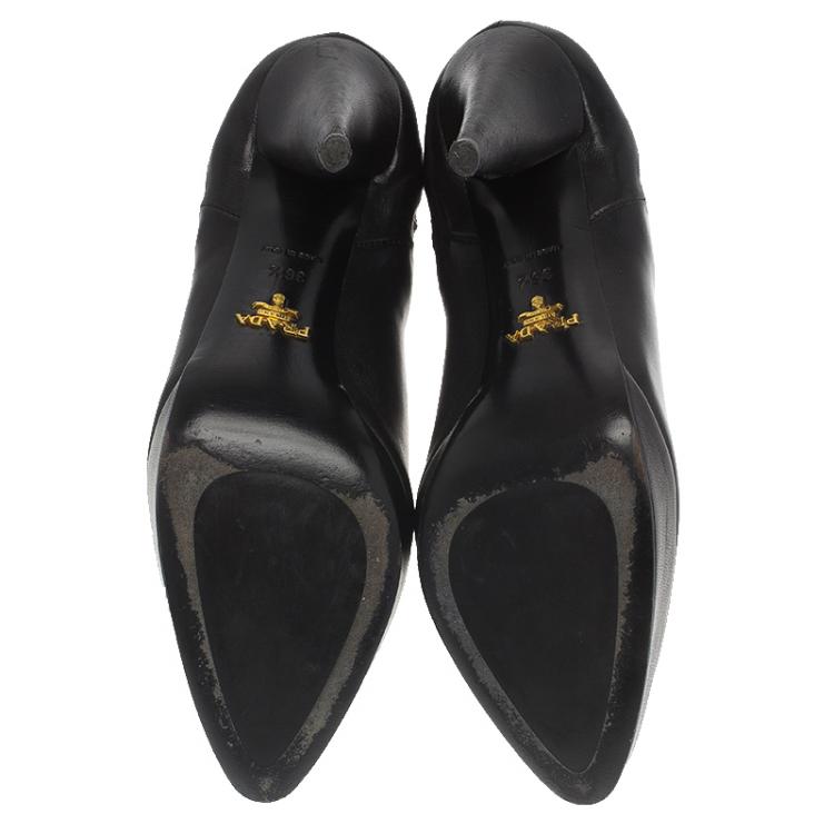 Pre Owned Prada Black Shirred Leather Platform Ankle Boots Size 36.5