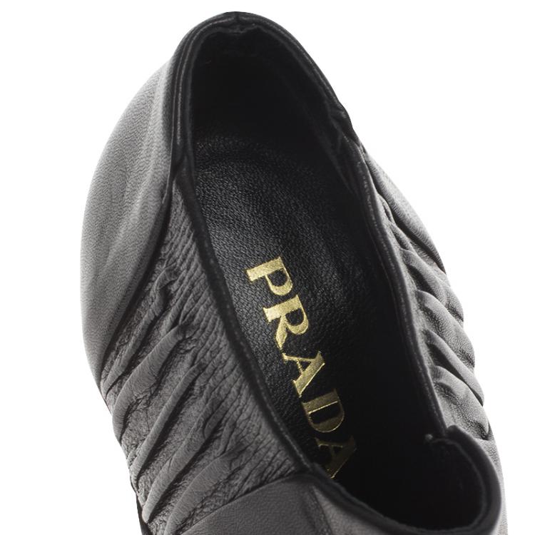 Pre Owned Prada Black Shirred Leather Platform Ankle Boots Size 36.5