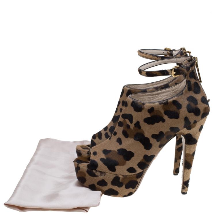 Pre Owned Prada Brown Leopard Print Calf Hair Peep Toe Ankle Strap Platform Boots Size 39