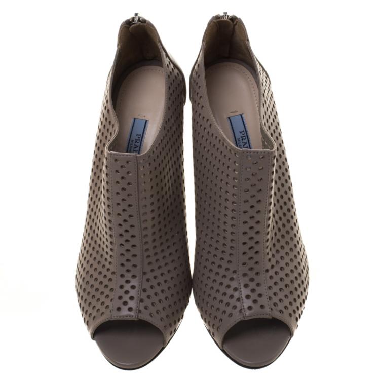 Pre Owned Prada Beige Perforated Leather Open Toe Booties Size 37.5