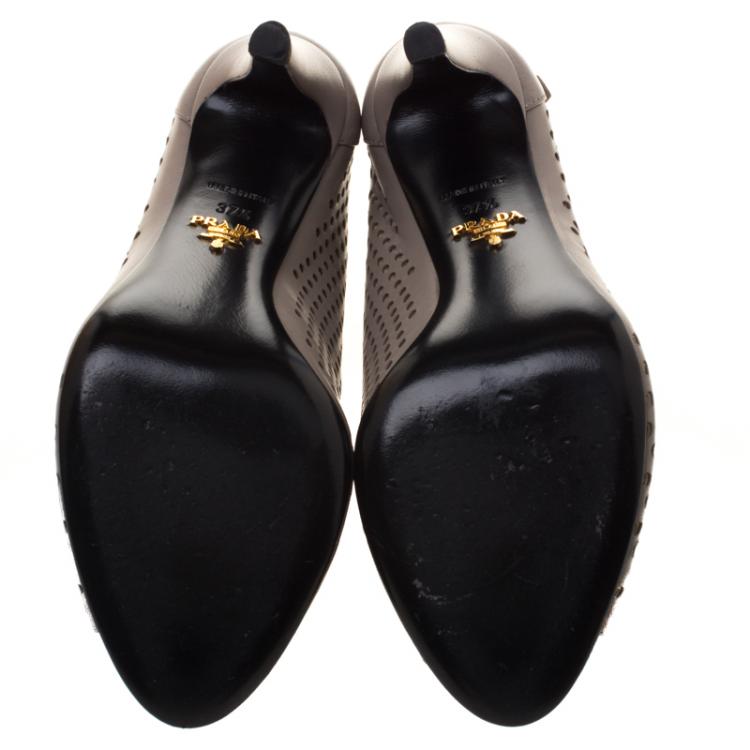 Pre Owned Prada Beige Perforated Leather Open Toe Booties Size 37.5