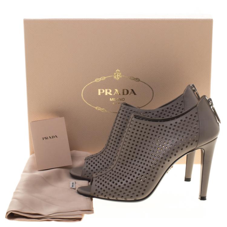 Pre Owned Prada Beige Perforated Leather Open Toe Booties Size 37.5