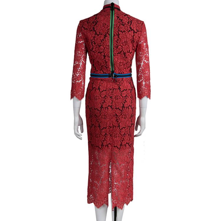 Pre Owned Preen by Thornton Bregazzi Red Lace Contrast Zipper Trim Detail Dress S
