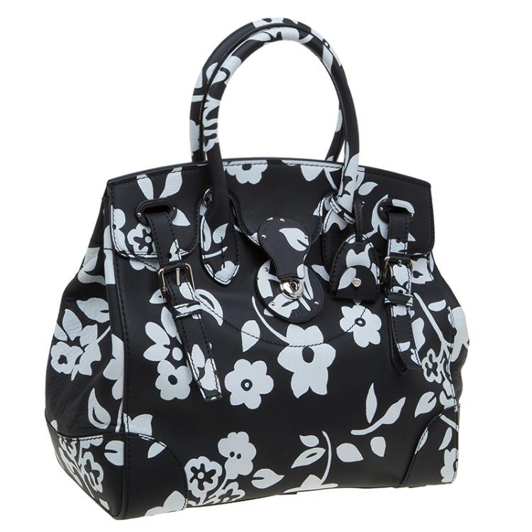 Pre Owned Ralph Lauren Black/White Floral Print Soft Leather Ricky Tote
