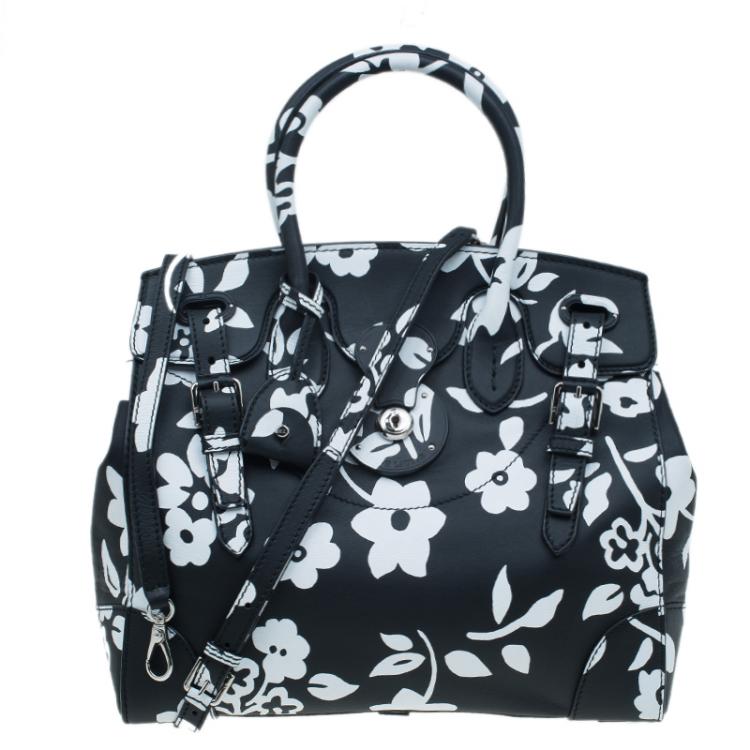 Pre Owned Ralph Lauren Black/White Floral Print Soft Leather Ricky Tote