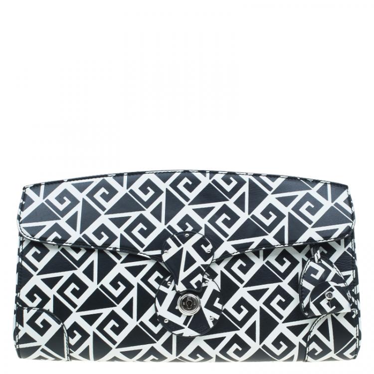 Pre Owned Ralph Lauren Black/White Greek Keys Print Soft Leather Ricky Clutch