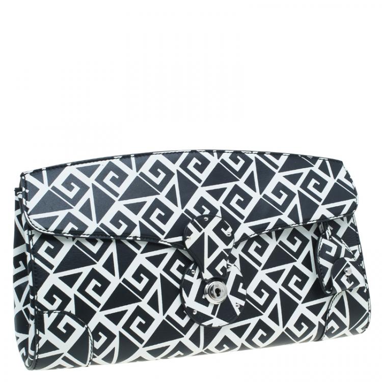 Pre Owned Ralph Lauren Black/White Greek Keys Print Soft Leather Ricky Clutch