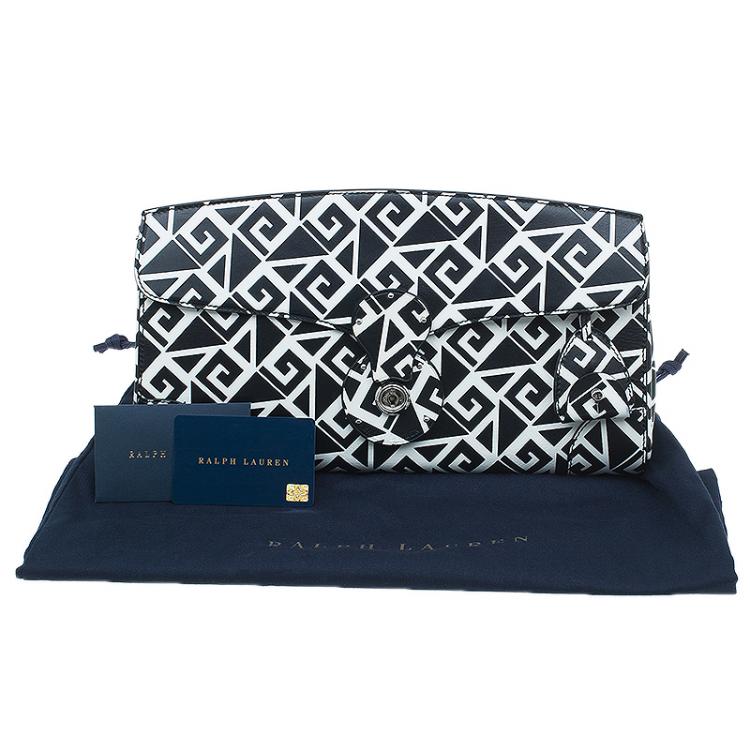 Pre Owned Ralph Lauren Black/White Greek Keys Print Soft Leather Ricky Clutch