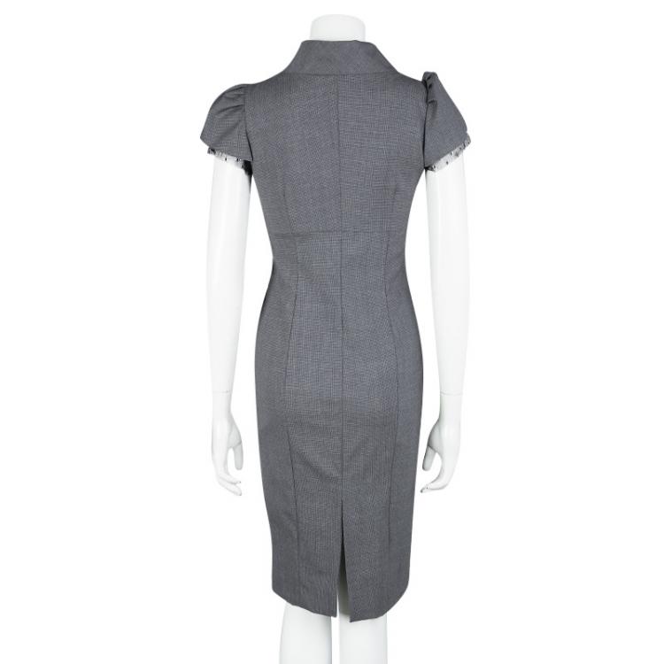 Pre Owned RED Valentino Grey Mini Houndstooth Bow Detail Cap Sleeve Wool Dress S