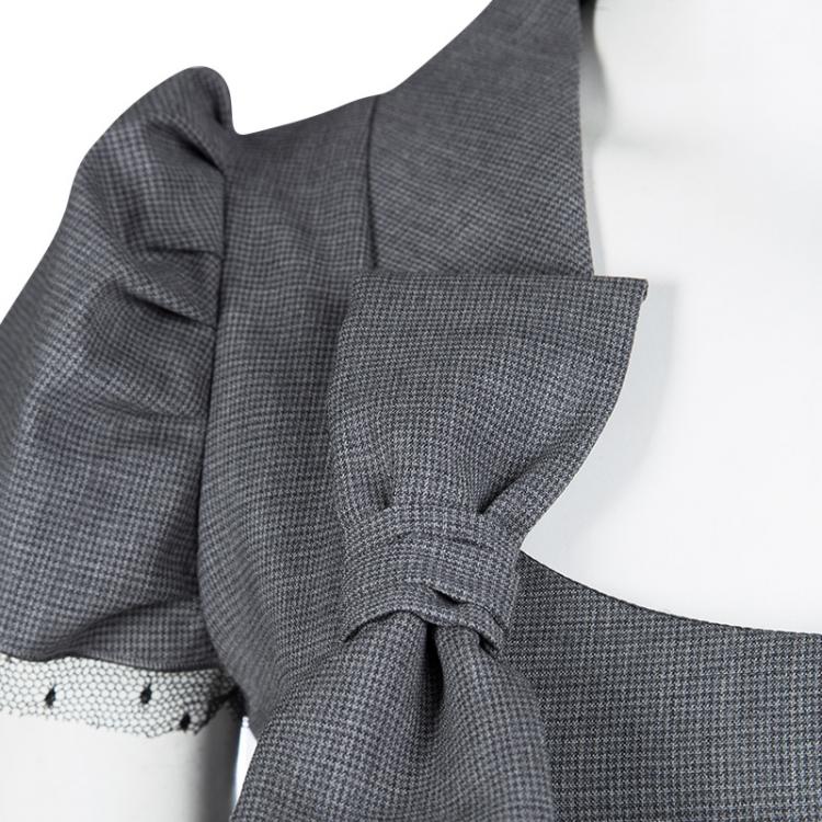 Pre Owned RED Valentino Grey Mini Houndstooth Bow Detail Cap Sleeve Wool Dress S