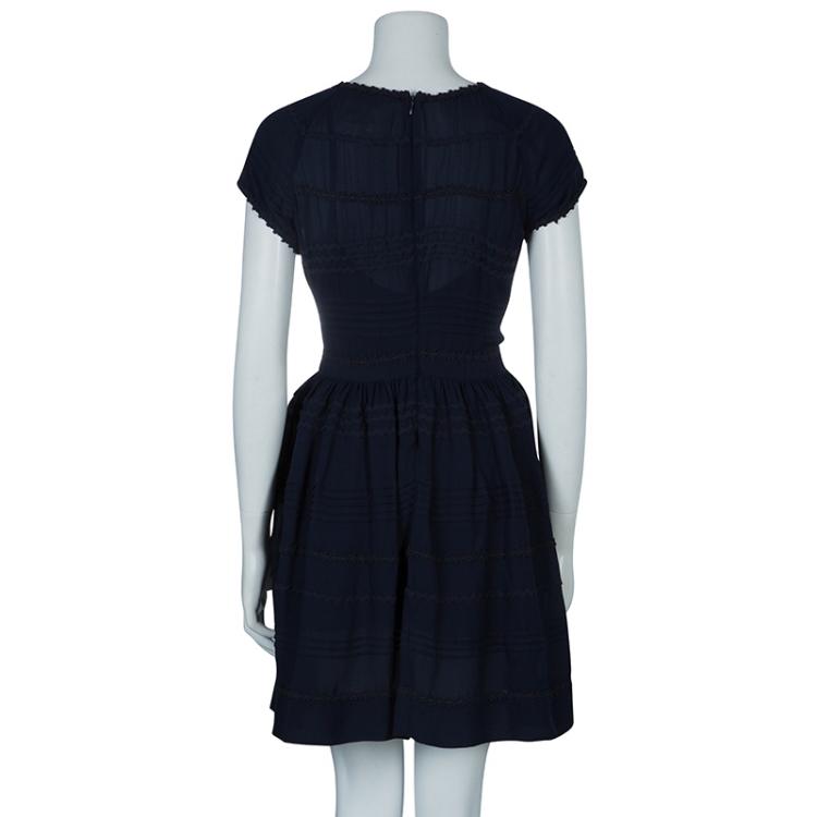 مملوكة مسبقًا RED Valentino Navy Blue Embroidered Short Sleeve Dress M