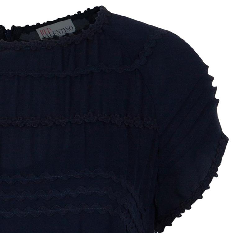 مملوكة مسبقًا RED Valentino Navy Blue Embroidered Short Sleeve Dress M