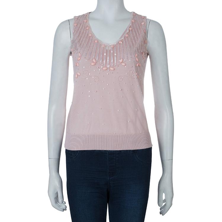 مملوكة مسبقًا Red Valentino Pink Embellished Mesh Overlay Sleeveless Knit Top M
