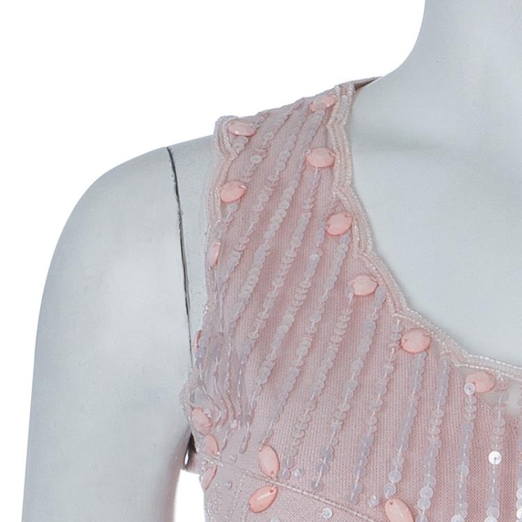 مملوكة مسبقًا Red Valentino Pink Embellished Mesh Overlay Sleeveless Knit Top M