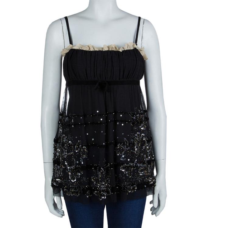 Pre Owned RED Valentino Black Sequinned Mesh Camisole M