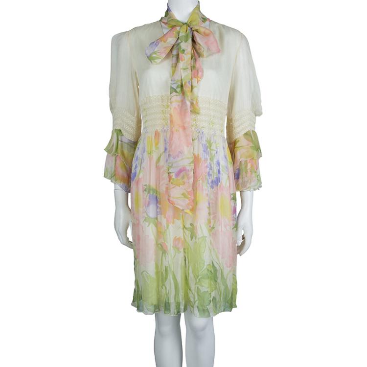 Pre Owned Red Valentino Multicolor Floral Printed Chiffon Smocking Detail Long Sleeve Dress M